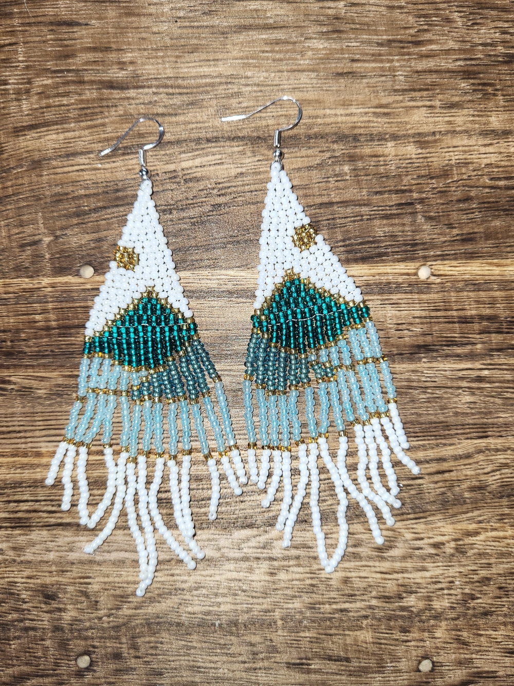 Handmade White and Teal Beaded Fringe Earrings